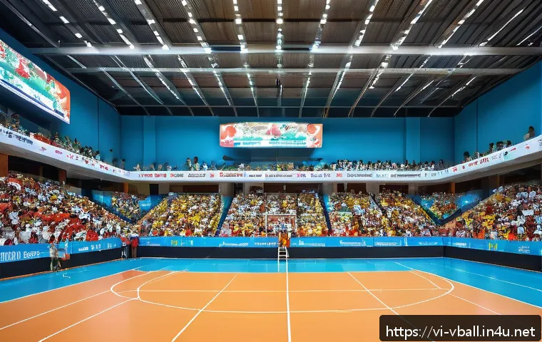 배구 관련 이벤트 홍보 - A modern indoor volleyball arena in Ho Chi Minh City, Vietnam, filled with enthusiastic fans wearing...