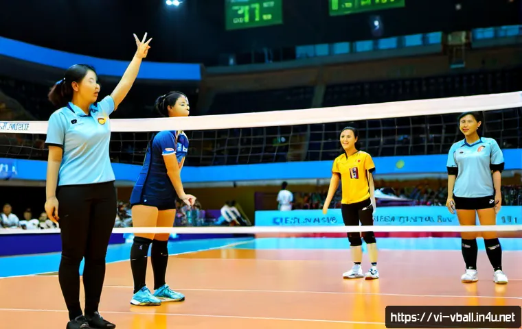 Home 17 배구 경기 규칙 변경 사항 - Photorealistic indoor volleyball match in a modern Vietnamese sports arena, a female referee on an e...