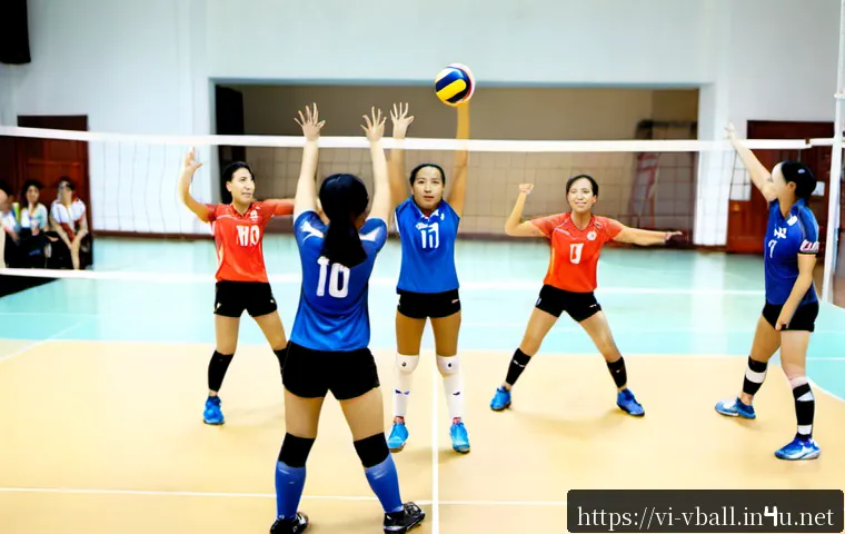 Home 17 배구 전술 용어 해설 - Photorealistic indoor volleyball coaching session in Vietnam, a diverse Vietnamese women’s team in m...