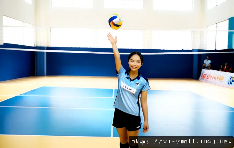 Home 13 배구 규칙에 관한 흔한 질문 - Photorealistic indoor volleyball court in Vietnam, a friendly referee in a neutral uniform demonstra...