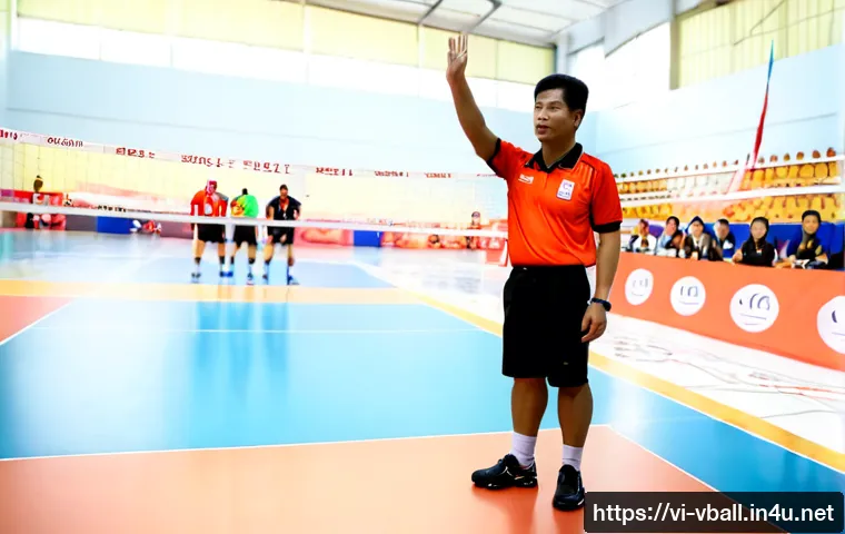 Home 15 배구 국제 규정 개정 사항 - Photorealistic indoor volleyball court in Vietnam, a Vietnamese referee in a crisp official uniform ...