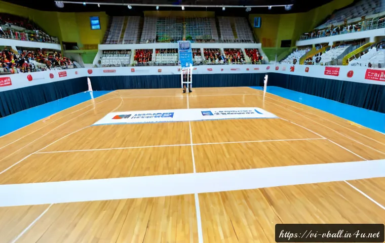 배구 경기장의 구조 - Photorealistic wide-angle view of a modern indoor volleyball arena in Vietnam, empty regulation cour...
